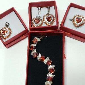 4 Piece 925 Red Crystal Necklace, Earrings, Ring & Bracelet